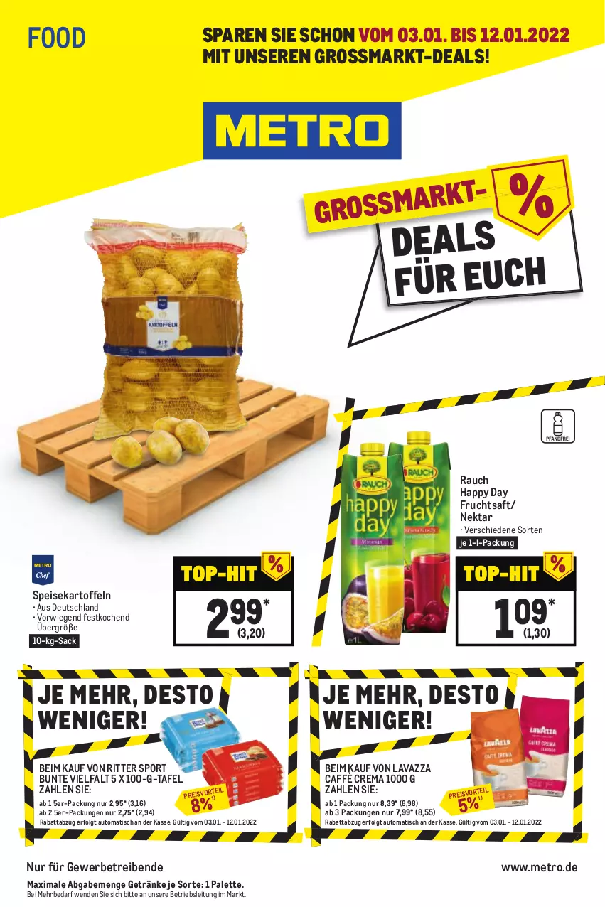 Aktueller Prospekt Metro - Food - von 03.01 bis 12.01.2022 - strona 1 - produkty: auto, caffè crema, eis, frucht, fruchtsaft, getränk, getränke, Happy Day, kartoffel, kartoffeln, lavazza, LG, Metro, Nektar, Palette, Rauch, reis, ritter, ritter sport, sac, saft, speisekartoffeln, Sport, Ti, tisch