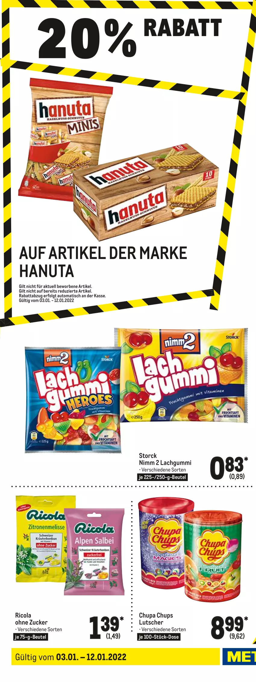 Aktueller Prospekt Metro - Food - von 03.01 bis 12.01.2022 - strona 16 - produkty: auto, beutel, chupa, chupa chups, cola, duplo, ferrero, hanuta, Kinder, Kugel, lachgummi, LG, lindor, Lutscher, Nimm 2, Ricola, riegel, storck, süsswaren, Ti, tisch, zucker