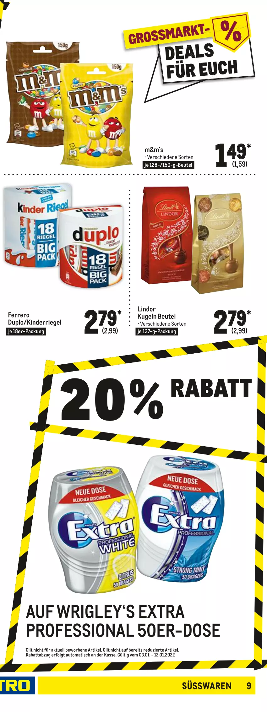 Aktueller Prospekt Metro - Food - von 03.01 bis 12.01.2022 - strona 17 - produkty: auto, beutel, chupa, chupa chups, cola, duplo, ferrero, hanuta, Kinder, Kugel, lachgummi, LG, lindor, Lutscher, Nimm 2, Ricola, riegel, storck, süsswaren, Ti, tisch, zucker