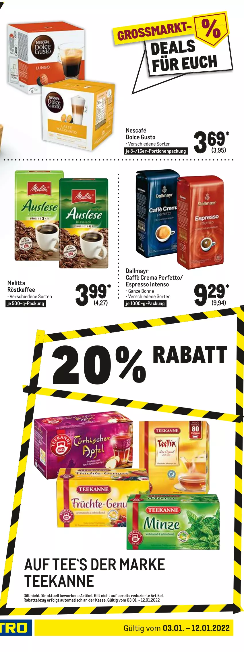 Aktueller Prospekt Metro - Food - von 03.01 bis 12.01.2022 - strona 19 - produkty: auto, bio, bohne, caffè crema, dallmayr, dolce gusto, espresso, intenso, kaffee, kakao, LG, melitta, Nescafé, nesquik, nuss, röstkaffee, sim, tassimo, tee, teekanne, Ti, tisch