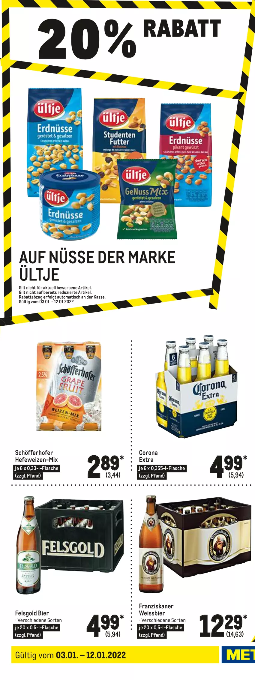 Aktueller Prospekt Metro - Food - von 03.01 bis 12.01.2022 - strona 20 - produkty: auto, beutel, bier, butter, butterkeks, Cashew, cashewkerne, chips, chipsfrisch, corona, corona extra, eis, elle, flasche, franziskaner, funny-frisch, getränk, getränke, Hefe, hefeweizen, keks, krombache, krombacher, krombacher pils, leibniz, LG, Manner, nuss, Palette, pils, reis, salz, schöfferhofer, Ti, tisch, ültje, waffeln, weissbier