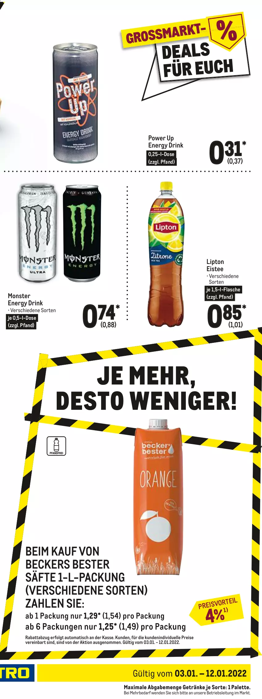 Aktueller Prospekt Metro - Food - von 03.01 bis 12.01.2022 - strona 23 - produkty: alkohol, alkoholfreie getränke, Alwa, auto, Beckers Bester, drink, eis, eistee, elle, energy drink, flasche, getränk, getränke, LG, limo, lipton, mineralwasser, monster, Monster Energy, Palette, regal, reis, Rockstar, rwe, säfte, Staatl. Fachingen, tee, Ti, tisch, valensina, volvic, wasser