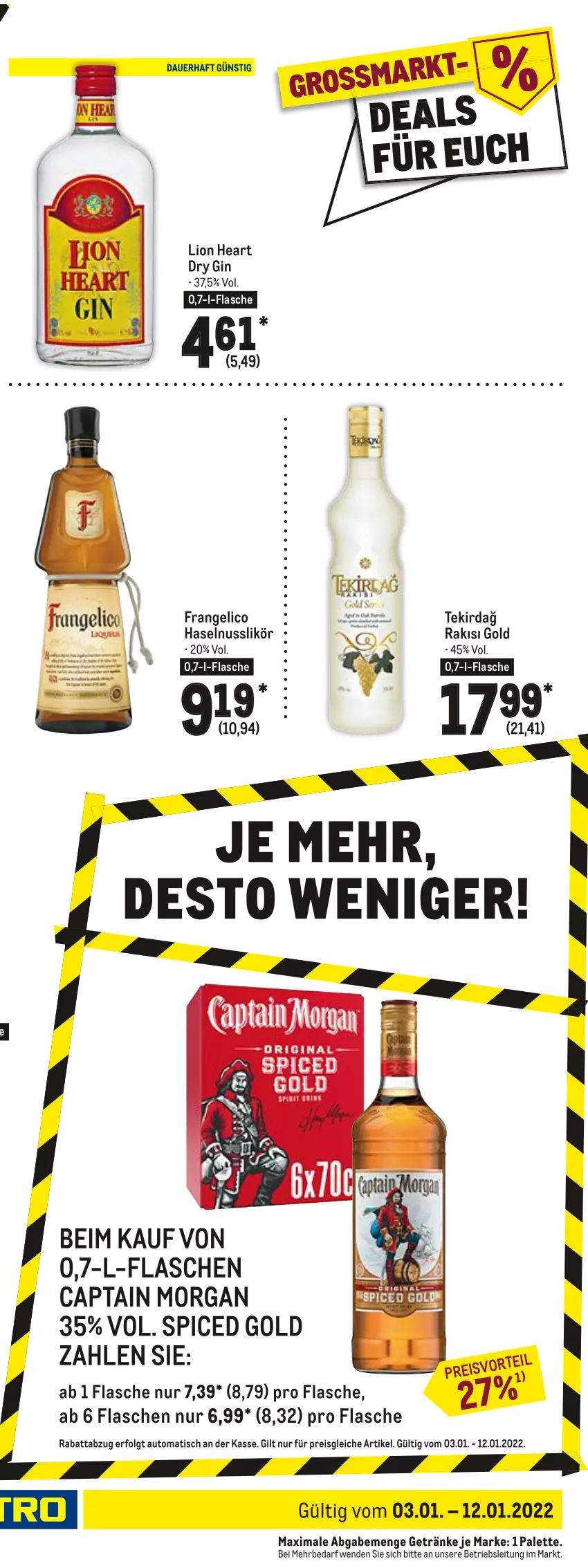 Aktueller Prospekt Metro - Food - von 03.01 bis 12.01.2022 - strona 27 - produkty: asbach uralt, auto, bourbon, Cap, captain morgan, dry gin, eis, flasche, frangelico, getränk, getränke, gin, Gorbatschow, haselnuss, irish whiskey, jim beam, LG, likör, lion, nuss, Palette, reis, spirituosen, Ti, tisch, tullamore, tullamore dew, vodka, whiskey, whisky