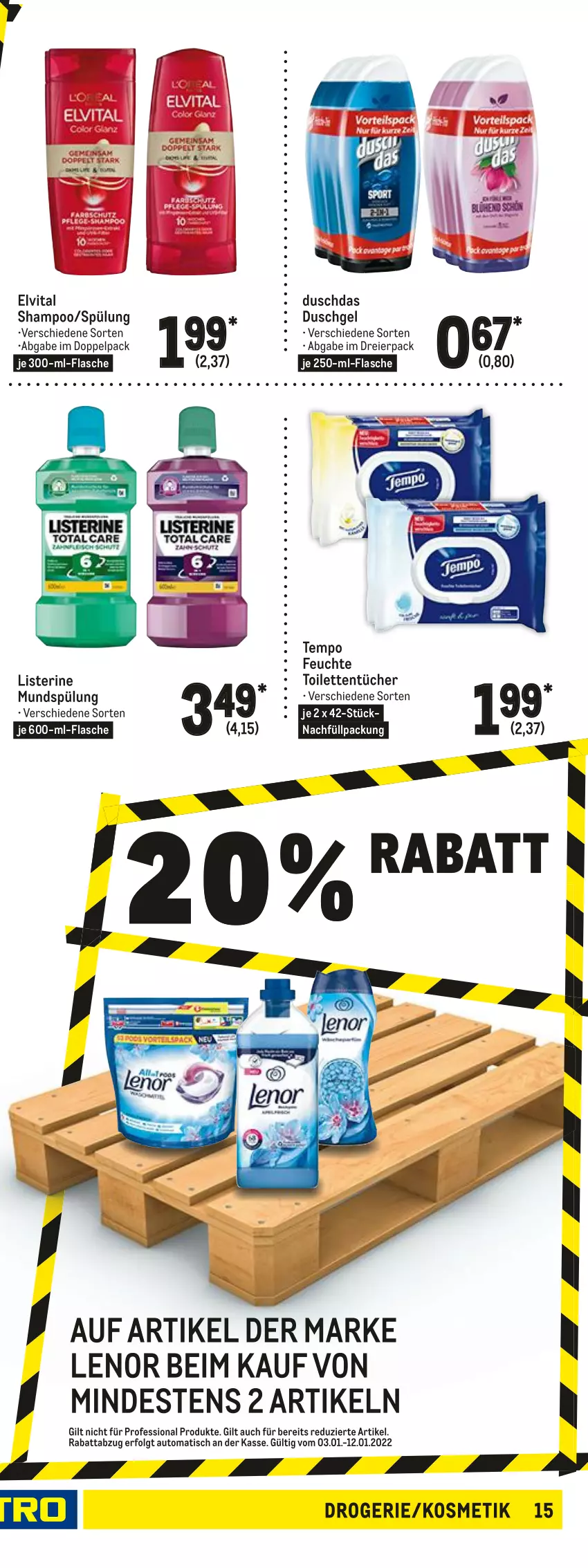 Aktueller Prospekt Metro - Food - von 03.01 bis 12.01.2022 - strona 29 - produkty: allzweckreiniger, auto, duschdas, duschgel, eier, eis, elvital, flasche, geschirr, geschirrspülmittel, kosmetik, lenor, LG, listerine, Meister, meister proper, mundspülung, Palette, pampers, papier, persil, reiniger, shampoo, spülmittel, spülung, Tempo, Ti, tisch, toilettenpapier, toilettentücher, tücher, vita, vollwaschmittel, waschmittel, weck, zewa