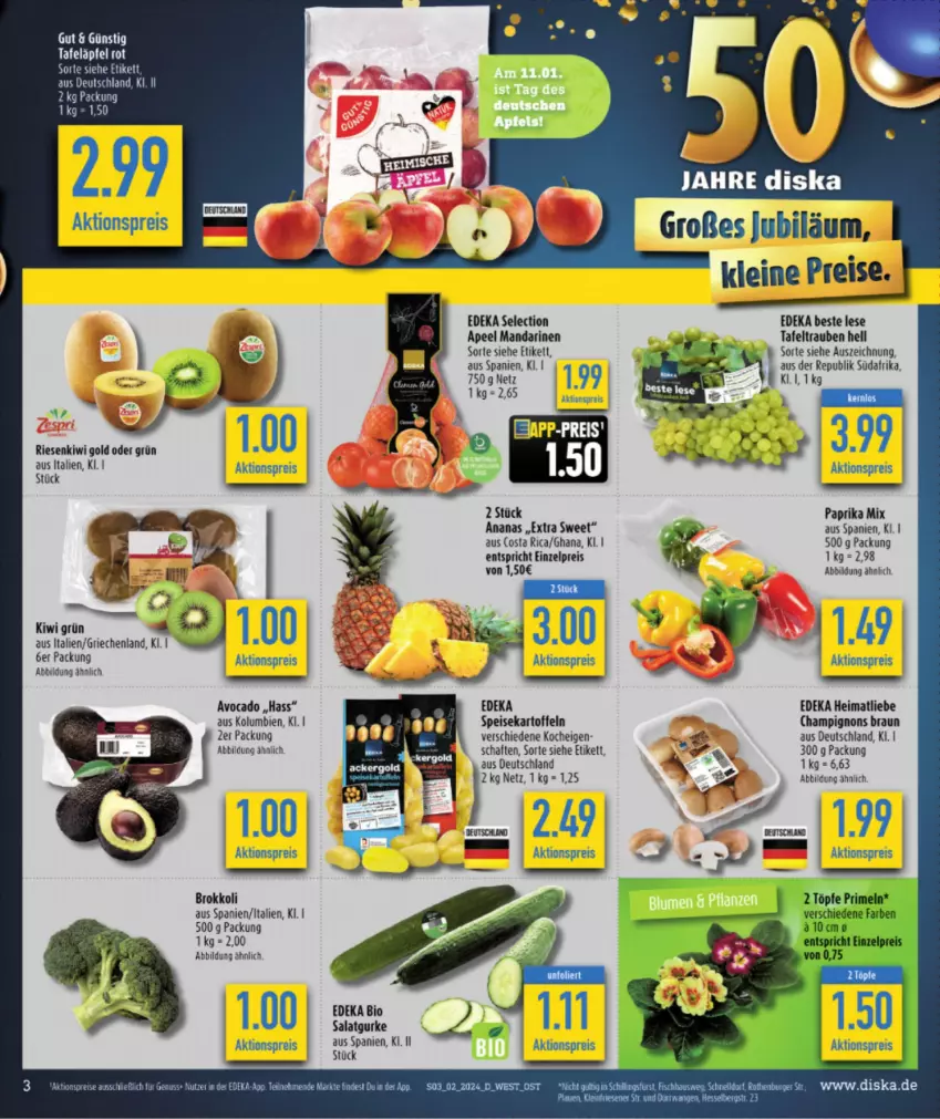 Aktueller Prospekt Diska - Prospekte - von 02.01 bis 06.01.2024 - strona 3 - produkty: aktionspreis, ananas, avocado, bio, braun, brokkoli, burger, champignon, champignons, champignons braun, deka, edeka bio, eis, gurke, kartoffel, kartoffeln, kiwi, Kiwi Gold, leine, lion, mandarine, mandarinen, paprika, paprika mix, reis, rel, salat, Salatgurke, speisekartoffeln, tafeläpfel, tafeltrauben, Ti, trauben