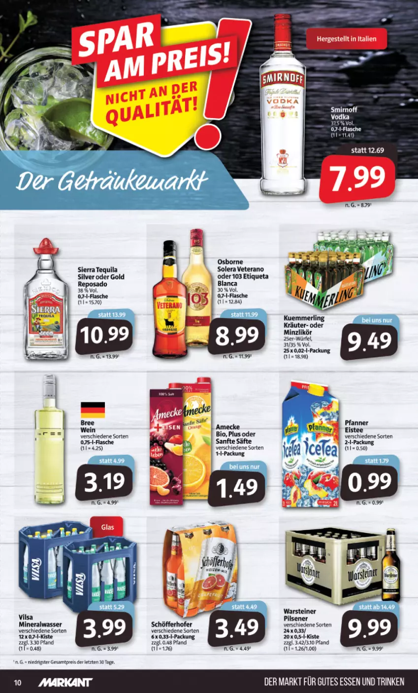 Aktueller Prospekt Markant - Prospekte - von 15.08 bis 20.08.2022 - strona 10 - produkty: Alwa, amecke, bio, bree, eis, eistee, Etiqueta Blanca, flasche, kräuter, kuemmerling, likör, merl, mineralwasser, osborne, pfanne, Pfanner, pils, pilsener, reis, säfte, schöfferhofer, Sierra, sierra tequila, smirnoff, steiner, tee, tequila, Ti, veterano, vilsa, warsteiner, wasser, wein, würfel, ZTE