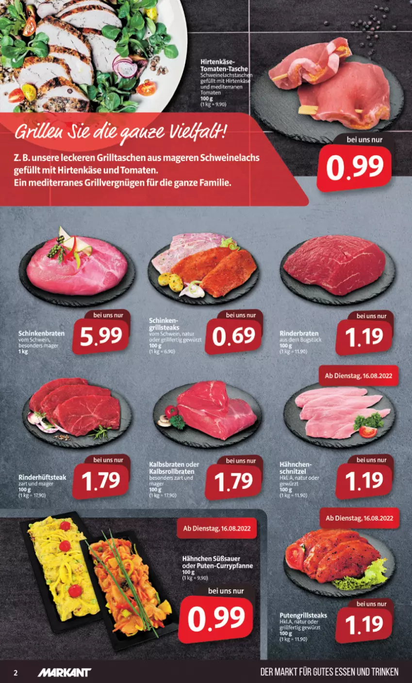 Aktueller Prospekt Markant - Prospekte - von 15.08 bis 20.08.2022 - strona 2 - produkty: auer, curry, grill, gutes essen, hirtenkäse, Käse, lachs, pfanne, pute, schwein, schweine, Schweinelachs, Tasche, taschen, tomate, tomaten, tuner, wein, weine