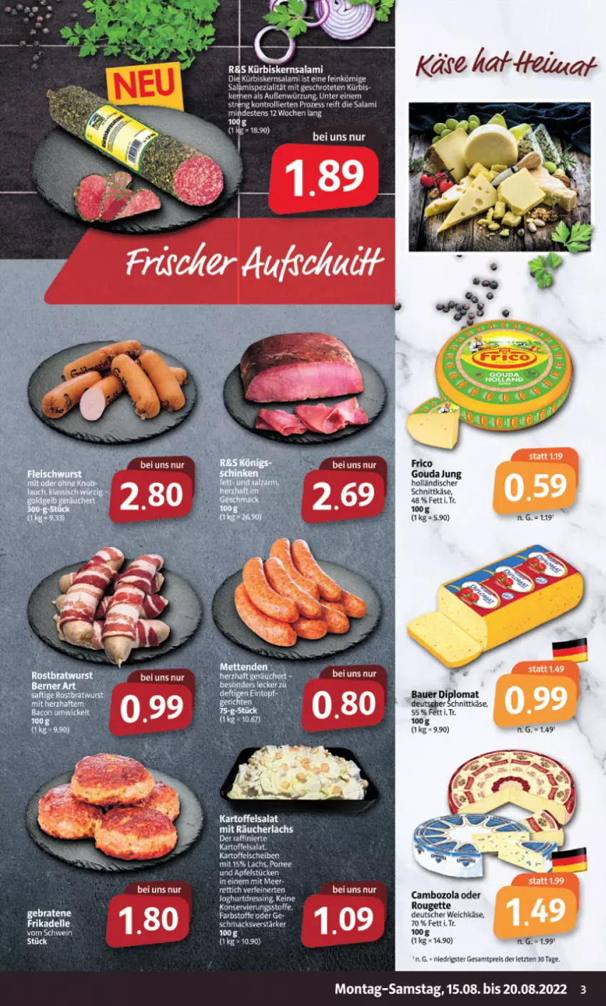 Aktueller Prospekt Markant - Prospekte - von 15.08 bis 20.08.2022 - strona 3 - produkty: apfel, auer, Bau, Bauer, cambozola, dip, eis, gouda, gouda jung, kartoffel, kartoffelsalat, Käse, Kürbis, lachs, Räucherlachs, reis, rouge, salami, salat, schwein, trolli, wein, ZTE