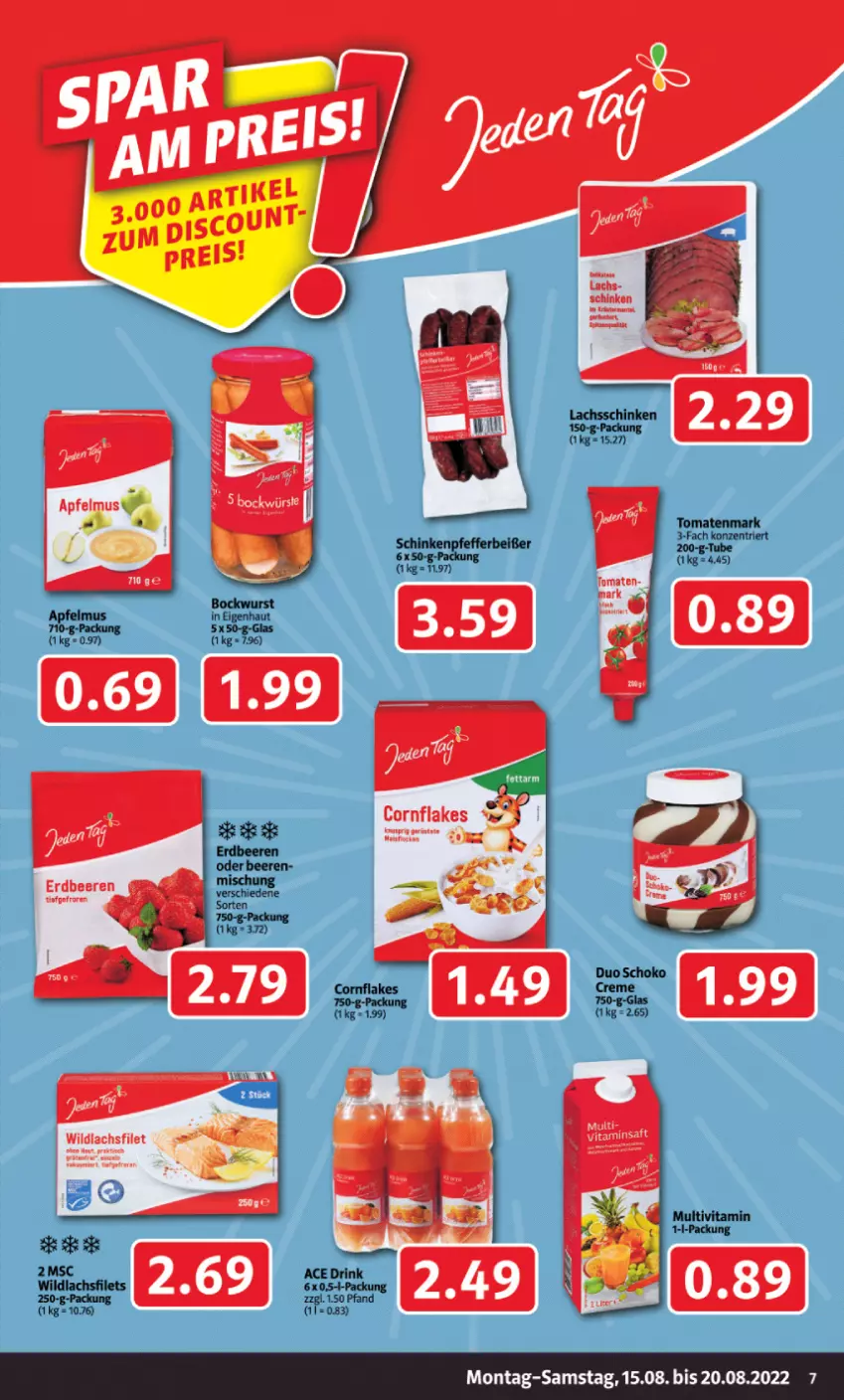 Aktueller Prospekt Markant - Prospekte - von 15.08 bis 20.08.2022 - strona 7 - produkty: apfel, apfelmus, beere, beeren, bockwurst, erdbeere, erdbeeren, flakes, lachs, lachsschinken, pfeffer, Pfefferbeißer, schinken, schoko, Ti, tomate, tomaten, tomatenmark, vita, wurst