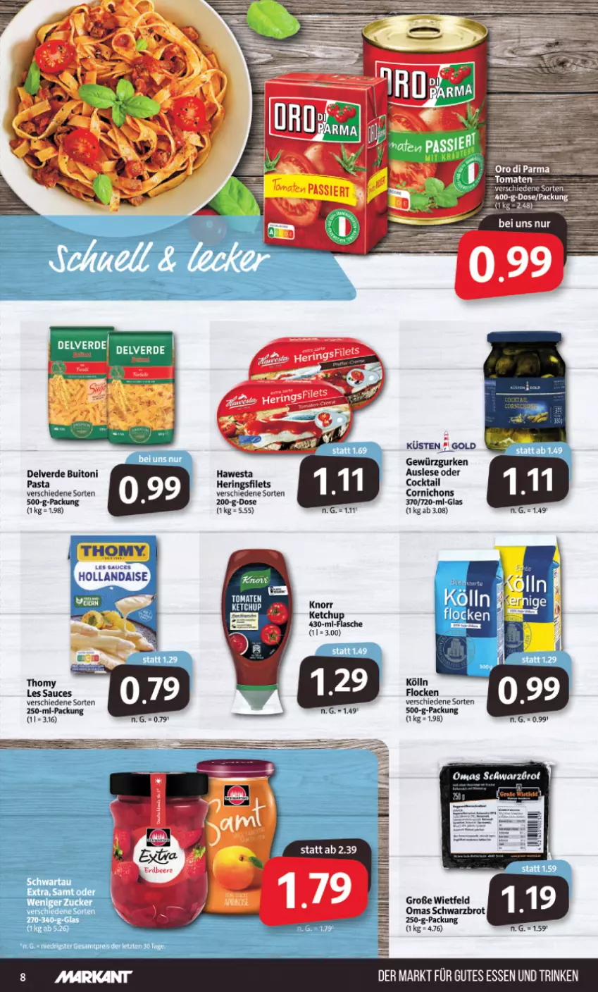 Aktueller Prospekt Markant - Prospekte - von 15.08 bis 20.08.2022 - strona 8 - produkty: brot, buitoni, cocktail, erde, filet, filets, flasche, gewürz, Gewürzgurke, gewürzgurken, gurke, gurken, hawesta, hering, Herings, heringsfilets, hollandaise, knorr, kölln, pasta, ring, sauce, Schwarzbrot, thomy, thomy les sauces, tomate, tomaten