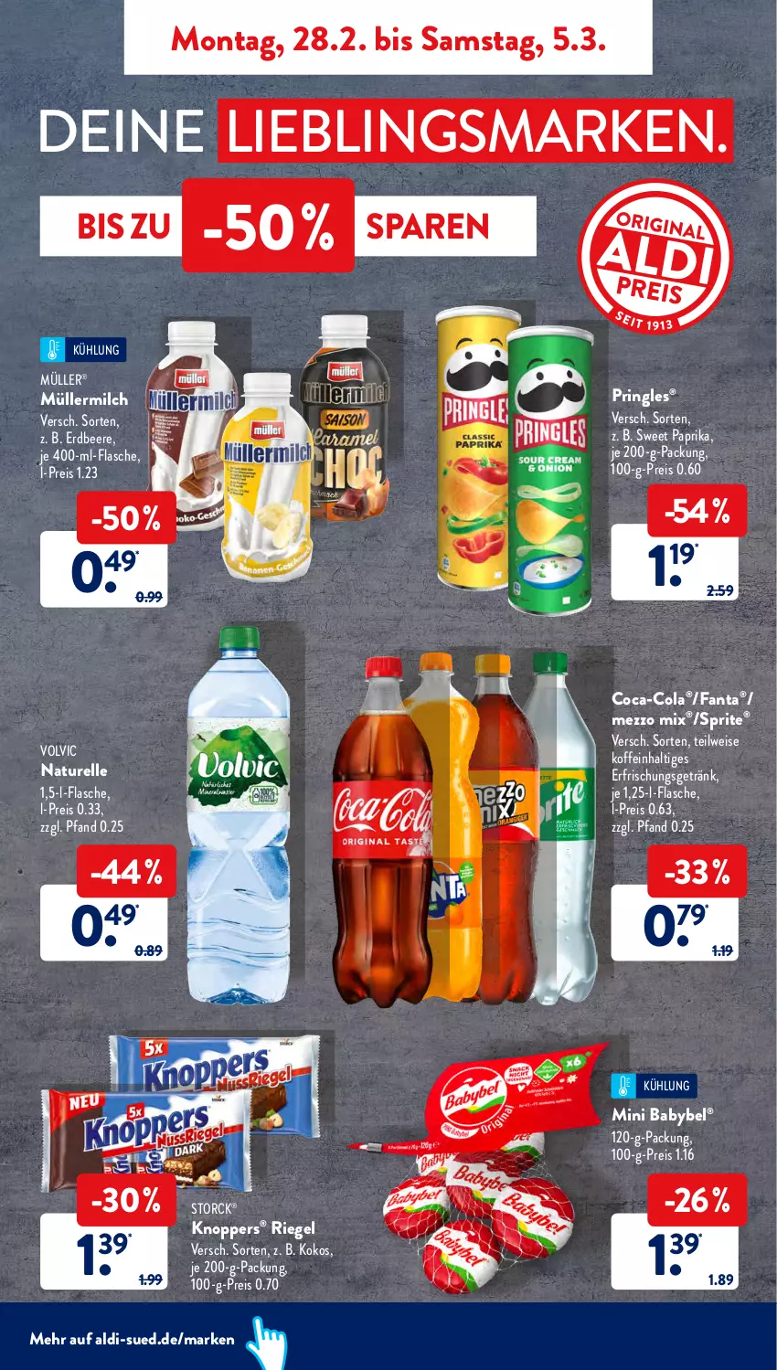 Aktueller Prospekt AldiSud - ALDI Aktuell - von 28.02 bis 05.03.2022 - strona 5 - produkty: aldi, babybel, beere, coca-cola, cola, eis, elle, erdbeere, erfrischungsgetränk, fanta, flasche, getränk, knoppers, kokos, Mezzo Mix, milch, mini babybel, Müller, müllermilch, natur, paprika, pringles, reis, rel, riegel, ring, sprite, storck, Ti, volvic