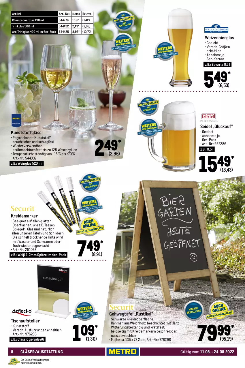 Aktueller Prospekt Metro - Gastro Spezial - von 11.08 bis 24.08.2022 - strona 8 - produkty: aqua, Becher, bier, Bona, brut, champagne, champagner, deo, eis, elle, Gläser, Holz, Kreide, Kreidemarker, latte, LG, Meister, reis, Ria, rwe, schwamm, spiegel, spülmaschinen, tasse, teller, Ti, tisch, trinkglas, tuc, wasser, wein, whisky