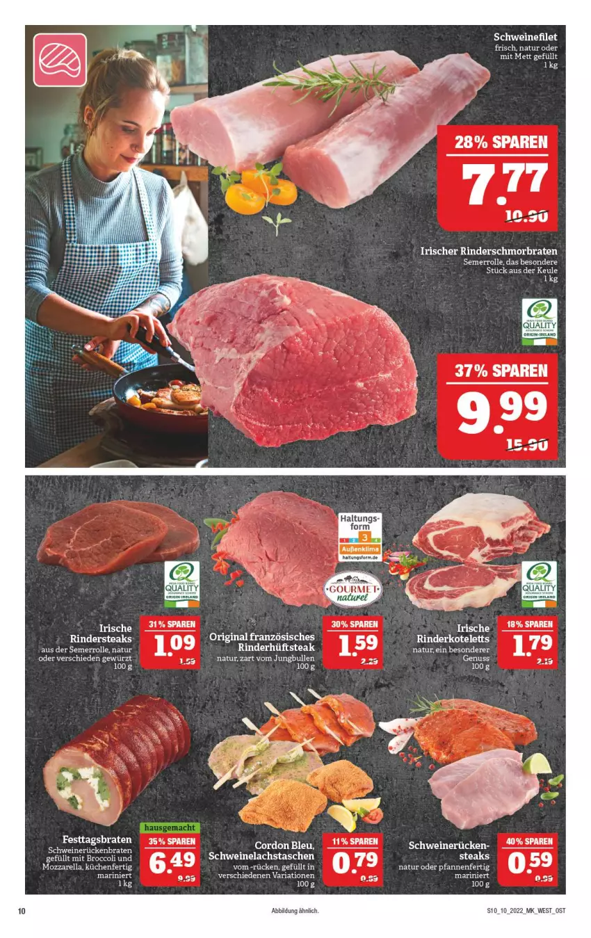 Aktueller Prospekt Marktkauf - Prospekt - von 06.03 bis 12.03.2022 - strona 10 - produkty: braten, cin, cordon bleu, filet, gewürz, hüftsteak, jungbullen, küche, Küchen, lachs, Mett, mozzarella, natur, pfanne, pfannen, rel, Ria, rind, rinder, Rindersteak, Rückenbraten, schwein, schweine, schweinefilet, Schweinelachs, schweinerücken, steak, steaks, Tasche, taschen, Ti, wein, weine