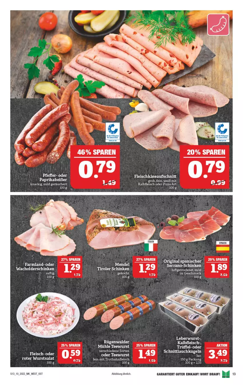 Aktueller Prospekt Marktkauf - Prospekt - von 06.03 bis 12.03.2022 - strona 13 - produkty: aufschnitt, eis, fleisch, fleischkäse, gin, Kalbfleisch, Käse, Kugel, leberwurst, mac, paprika, pizza, saft, salat, schinken, schnittlauch, serrano, tee, teewurst, Ti, Trüffel, truthahn, wurst