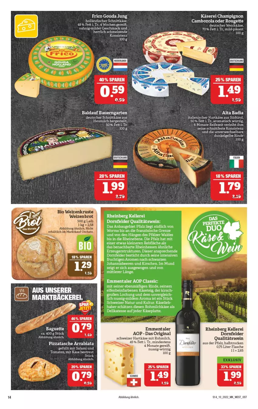 Aktueller Prospekt Marktkauf - Prospekt - von 06.03 bis 12.03.2022 - strona 14 - produkty: auer, Bad, baguette, Bau, Bauer, beere, beeren, cambozola, champignon, deutscher schnittkäse, deutscher weichkäse, dornfelder, elle, emmentaler, frico, frucht, Garten, gin, gouda, gouda jung, hartkäse, Heu, heumilch, holländischer schnittkäse, italienischer hartkäse, johannisbeere, Johannisbeeren, Käse, kirsch, kirsche, kirschen, latte, leine, LG, mac, milch, natur, pizza, qualitätswein, rel, rind, rouge, rougette, rwe, schnittkäse, schweizer hartkäse, Tasche, Ti, tisch, tomate, tomaten, weichkäse, wein