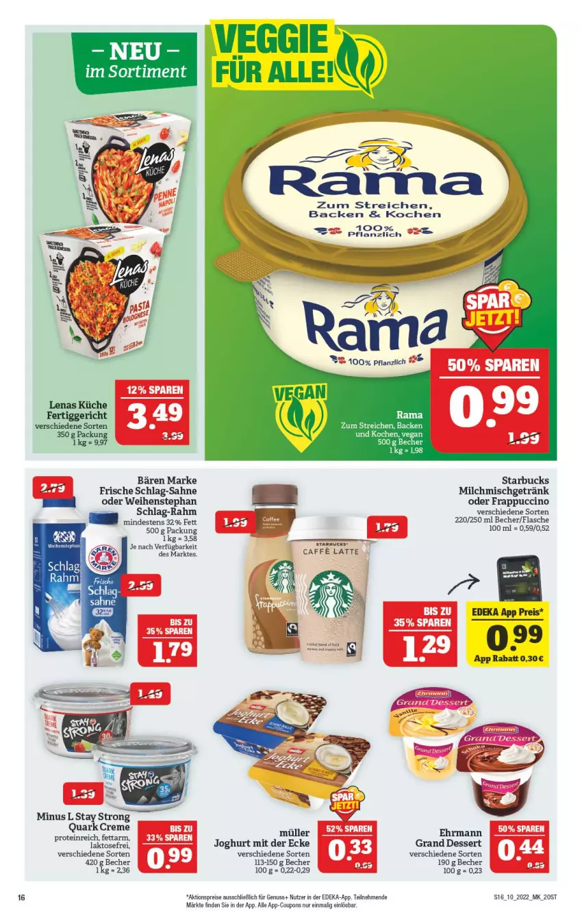 Aktueller Prospekt Marktkauf - Prospekt - von 06.03 bis 12.03.2022 - strona 16 - produkty: aktionspreis, Becher, caffe, cin, coupon, coupons, creme, decke, deka, dessert, ehrmann, eis, fertiggericht, flasche, getränk, joghur, joghurt, joghurt mit der ecke, küche, milch, Müller, nuss, rama, reis, sahne, starbucks, Ti, weihenstephan