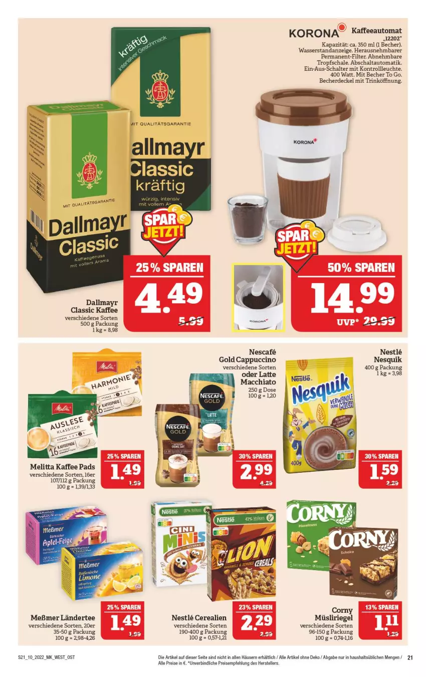 Aktueller Prospekt Marktkauf - Prospekt - von 06.03 bis 12.03.2022 - strona 21 - produkty: ACC, auto, Becher, Cap, cappuccino, cerealien, chia, cin, corny, dallmayr, decke, Deckel, eis, elle, erde, kaffee, kaffeeautomat, Ländertee, latte, Leuchte, mac, macchiato, melitta, Meßmer, müsli, Müsliriegel, nesquik, reis, riegel, Schal, Schale, tee, teller, Ti, wasser