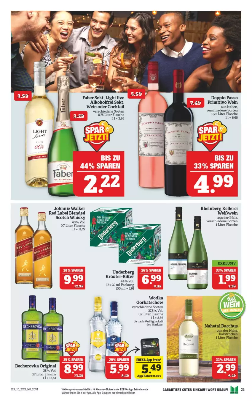 Aktueller Prospekt Marktkauf - Prospekt - von 06.03 bis 12.03.2022 - strona 23 - produkty: ACC, aktionspreis, alkohol, Becher, Becherovka, cocktail, coupon, coupons, deka, doppio passo, eis, elle, flasche, gin, Gorbatschow, hero, johnnie walker, kräuter, nuss, passo, primitivo, reis, scotch, scotch whisky, sekt, Ti, underberg, wein, Weißwein, whisky, wodka