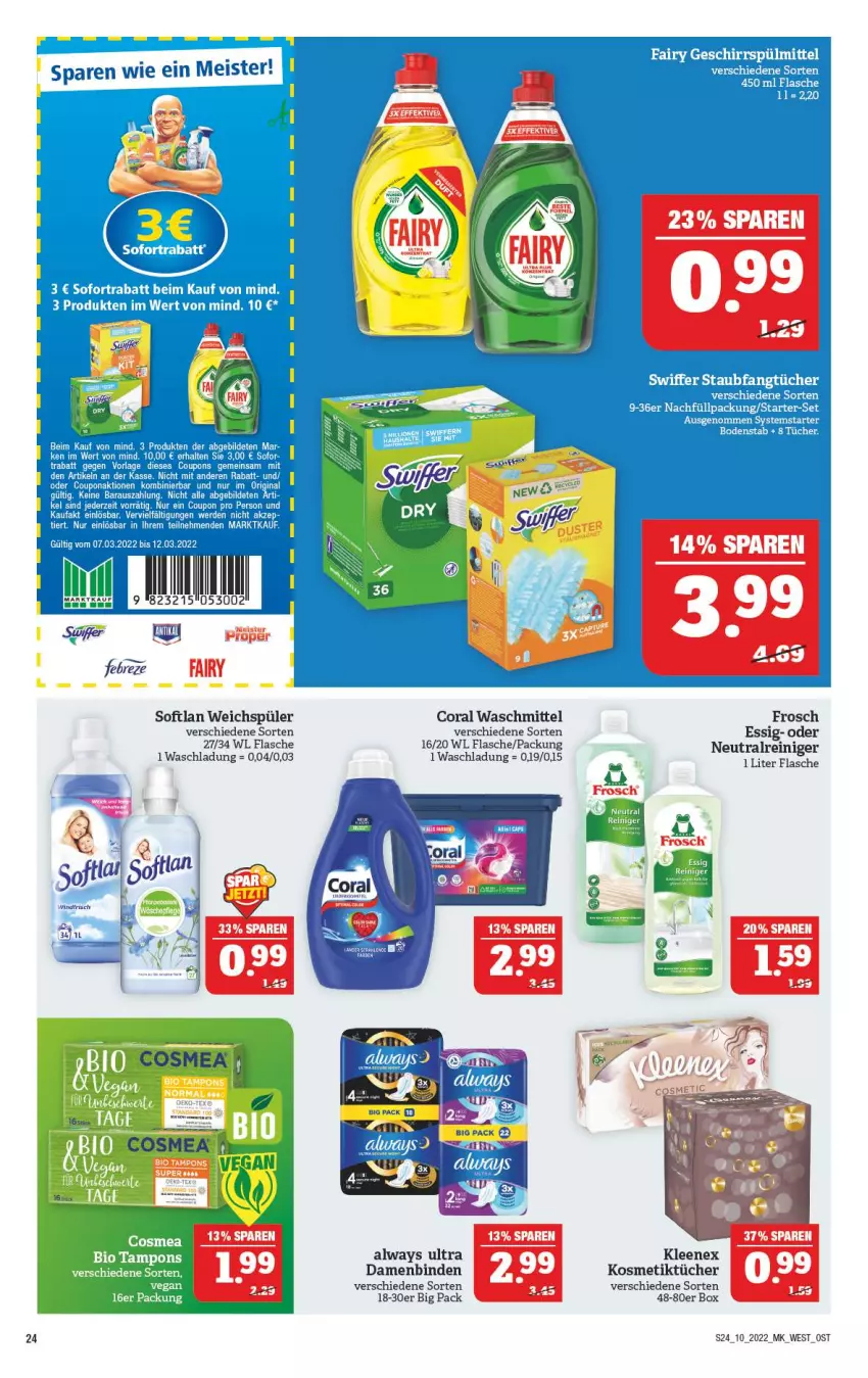 Aktueller Prospekt Marktkauf - Prospekt - von 06.03 bis 12.03.2022 - strona 24 - produkty: Alwa, Always, binden, bio, Coral, Damenbinden, eis, essig, fairy, febreze, flasche, Frosch, kosmetik, Kosmetiktücher, Meister, Softlan, Tampon, tampons, Ti, tücher, waschmittel, weichspüler