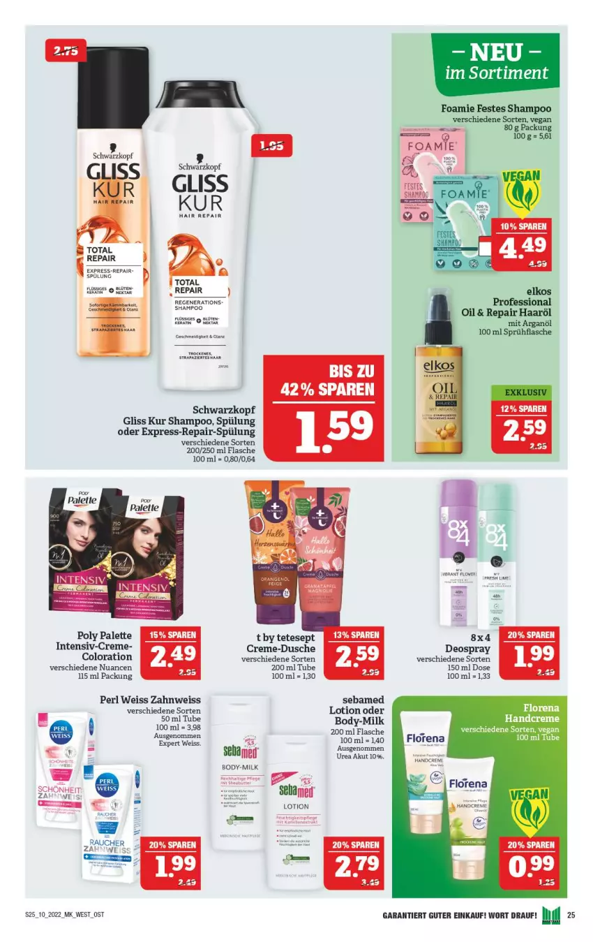 Aktueller Prospekt Marktkauf - Prospekt - von 06.03 bis 12.03.2022 - strona 25 - produkty: bett, Blüte, body, creme, dusche, eis, elkos, elle, flasche, gliss, gliss kur, handcreme, Lotion, Nektar, Nuance, Palette, schwarzkop, schwarzkopf, sebamed, shampoo, sprühflasche, spülung, Ti