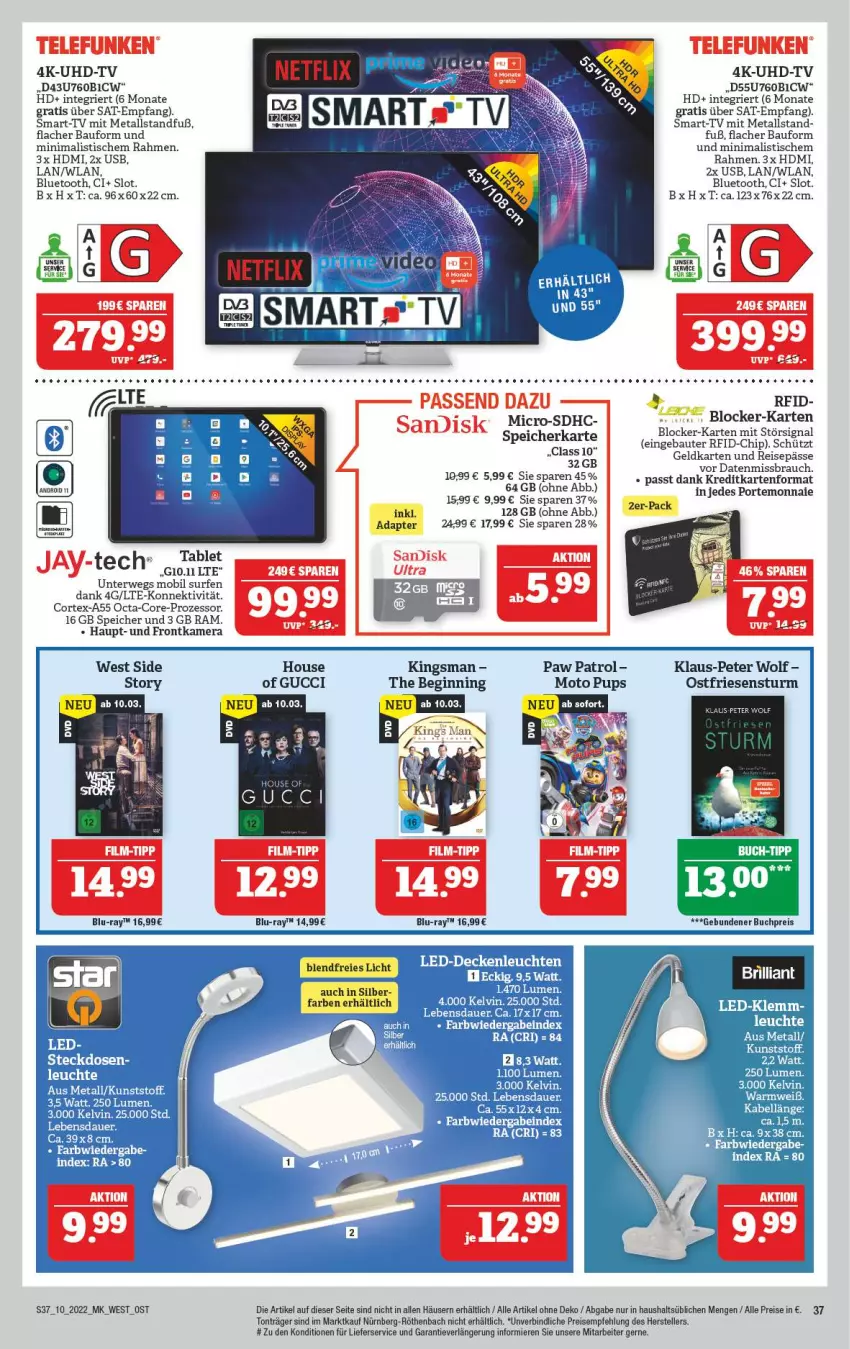 Aktueller Prospekt Marktkauf - Prospekt - von 06.03 bis 12.03.2022 - strona 37 - produkty: Bau, blu-ray, buch, eis, elle, frontkamera, gin, Gucci, HDMI, HP, kamera, lieferservice, Paw Patrol, Portemonnaie, Rauch, reis, rel, rwe, Signal, speicherkarte, Surf, tablet, telefunken, teller, Ti, tisch, tuner, uhd, UHD-TV, usb