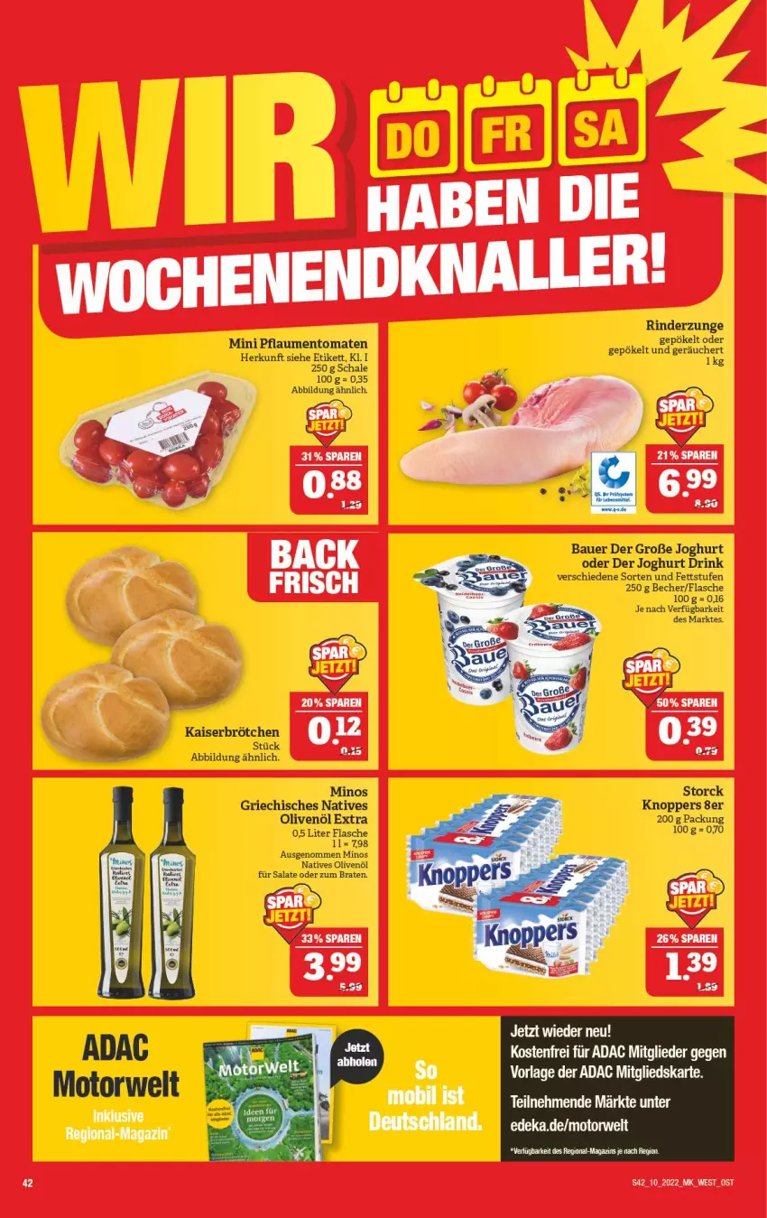 Aktueller Prospekt Marktkauf - Prospekt - von 06.03 bis 12.03.2022 - strona 42 - produkty: auer, Bau, Bauer, Becher, braten, brötchen, drink, flasche, joghur, joghurt, Kaiser, knoppers, magazin, natives olivenöl, ndk, olive, oliven, olivenöl, olivenöl extra, pflaume, pflaumen, rind, rinder, Rinderzunge, rwe, salat, salate, Schal, Schale, storck, Ti, tomate, tomaten