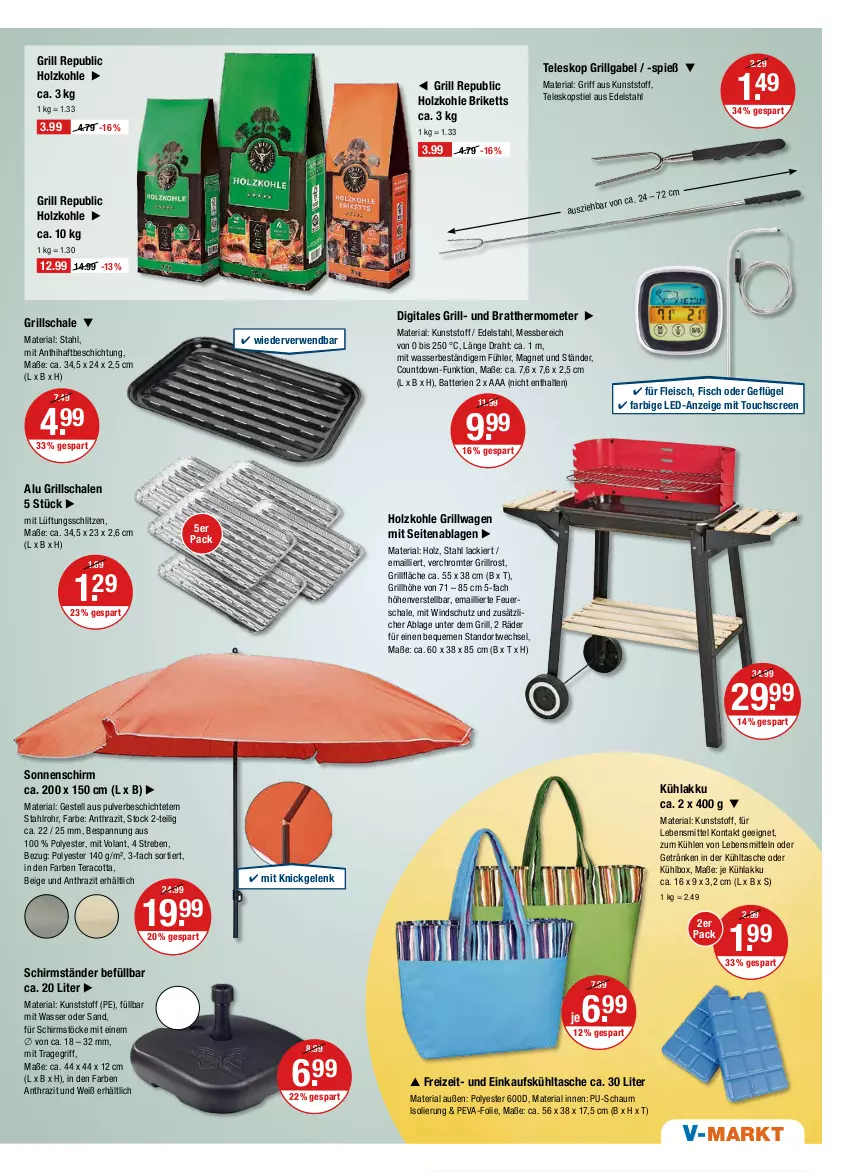 Aktueller Prospekt Vmarkt - V-Markt - von 16.06 bis 22.06.2022 - strona 15 - produkty: akku, batterie, batterien, briketts, Draht, edelstahl, eis, feuerschale, fisch, fleisch, gabel, Geflügel, getränk, getränke, grill, grillfläche, grillrost, Grillschalen, Holz, holzkohle, kühlakku, kühlbox, kühltasche, lack, lebensmittel, LG, Ria, rwe, Schal, Schale, schirmständer, sonnenschirm, Tasche, Teleskop, teleskopstiel, thermometer, Ti, touchscreen, tragegriff, wasser, Windschutz