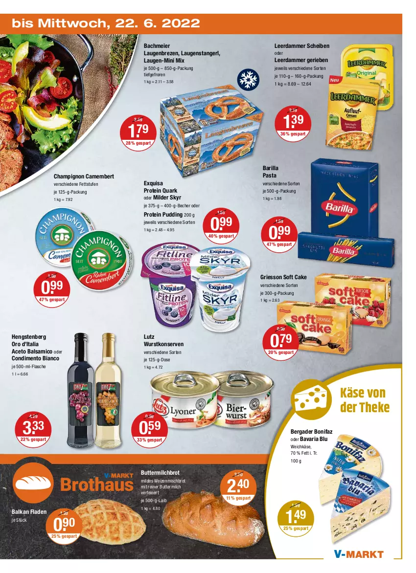 Aktueller Prospekt Vmarkt - V-Markt - von 16.06 bis 22.06.2022 - strona 19 - produkty: aceto, aceto balsamico, balsam, balsamico, barilla, bavaria blu, Becher, bergader, brot, butter, buttermilch, camembert, champignon, condimento, Condimento Bianco, eier, exquisa, flasche, griesson, hengstenberg, je 500-ml-flasche, Käse, Konserven, Laugenstange, leerdammer, milch, pasta, pudding, quark, Ria, Skyr, Ti, weichkäse, weizenmischbrot, wurst, wurstkonserven