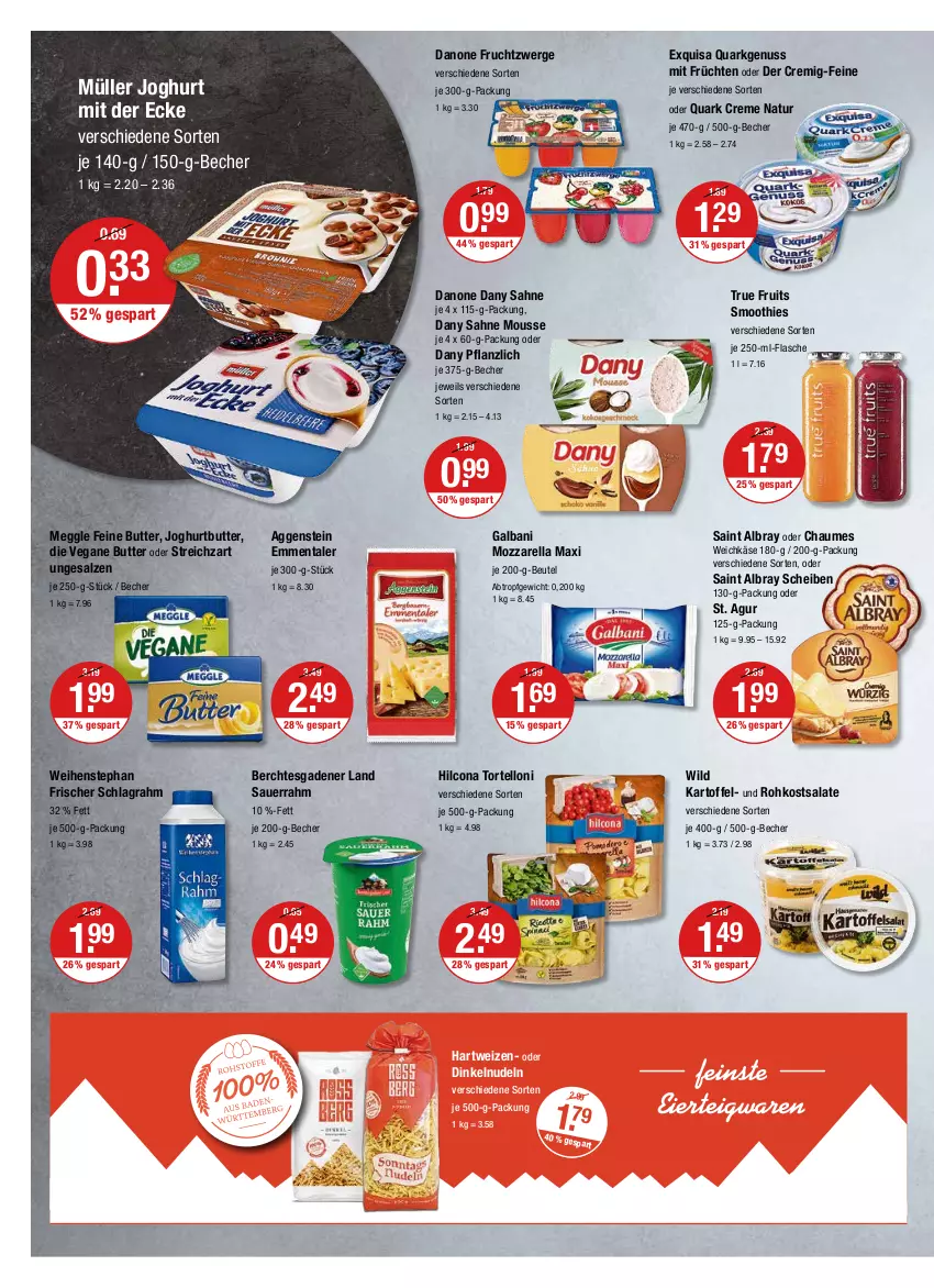 Aktueller Prospekt Vmarkt - V-Markt - von 16.06 bis 22.06.2022 - strona 6 - produkty: albray, auer, Becher, beutel, butter, chaumes, creme, danone, danone fruchtzwerge, Dany, dany sahne, emmentaler, exquisa, flasche, frucht, früchte, früchten, fruchtzwerge, galbani, hartweizen, hilcona, joghur, joghurt, joghurt mit der ecke, kartoffel, Käse, meggle, mousse, mozzarella, Müller, natur, nudel, nudeln, nuss, quark, rel, sahne, saint albray, salat, salate, salz, Sauerrahm, schlagrahm, smoothie, smoothies, Streichzart, torte, tortelloni, true fruits, weichkäse, weihenstephan, Wild