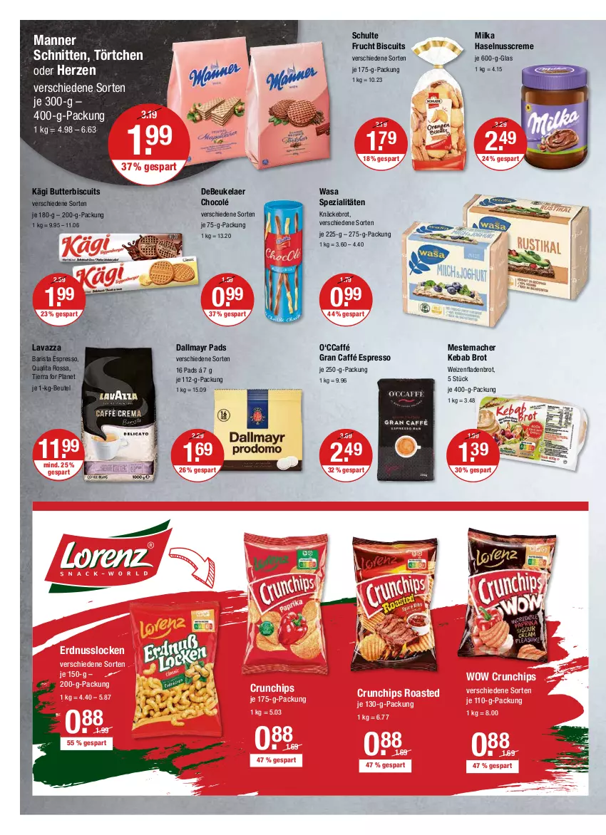 Aktueller Prospekt Vmarkt - V-Markt - von 16.06 bis 22.06.2022 - strona 8 - produkty: beutel, brot, butter, chips, creme, crunchips, dallmayr, debeukelaer, erdnuss, espresso, Fladenbrot, frucht, haselnuss, Haselnusscreme, je 250-g-packung, Kägi, knäckebrot, lavazza, mac, Manner, mestemacher, milka, nuss, schnitten, Spezi, Ti, Törtchen, wasa