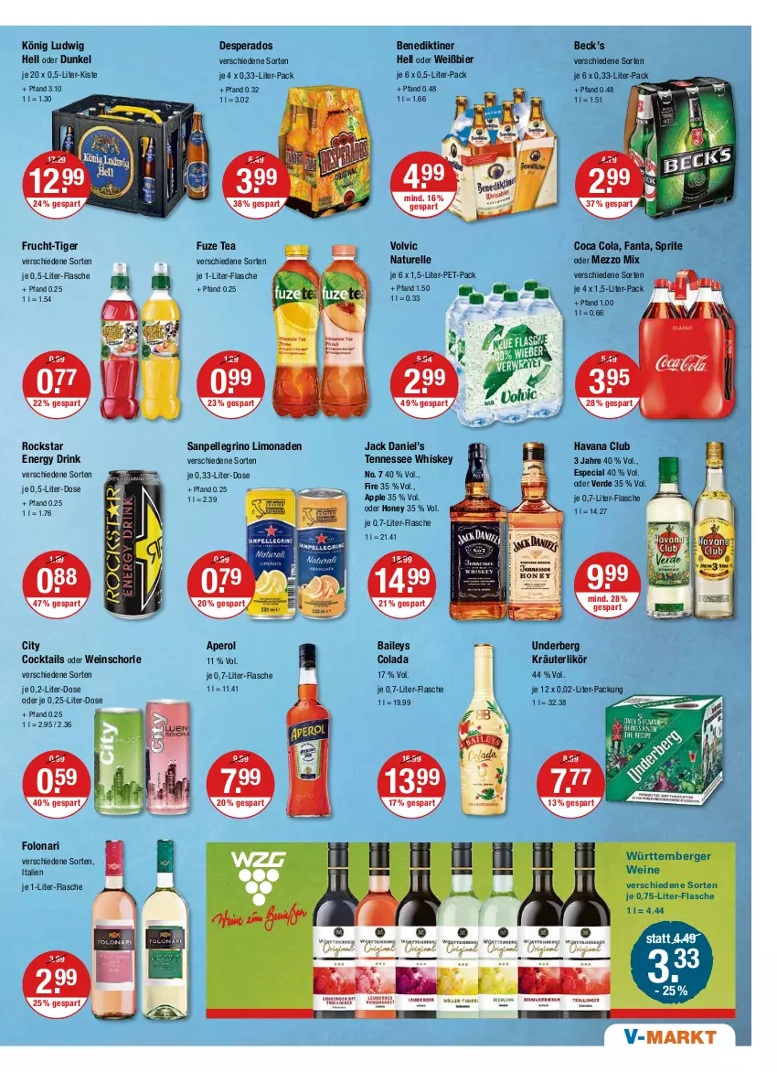 Aktueller Prospekt Vmarkt - V-Markt - von 16.06 bis 22.06.2022 - strona 9 - produkty: aperol, Apple, baileys, Benediktiner, Berger, bier, cocktail, cocktails, cola, desperados, drink, elle, energy drink, erde, fanta, flasche, frucht, fuze tea, Havana Club, jack daniel, Jack Daniel’s, je 1-liter-flasche, kräuter, kräuterlikör, likör, limo, limonade, limonaden, Mezzo Mix, natur, rel, Rockstar, sanpellegrino, schorle, sprite, tennessee whiskey, Ti, underberg, volvic, wein, weine, weinschorle, whiskey