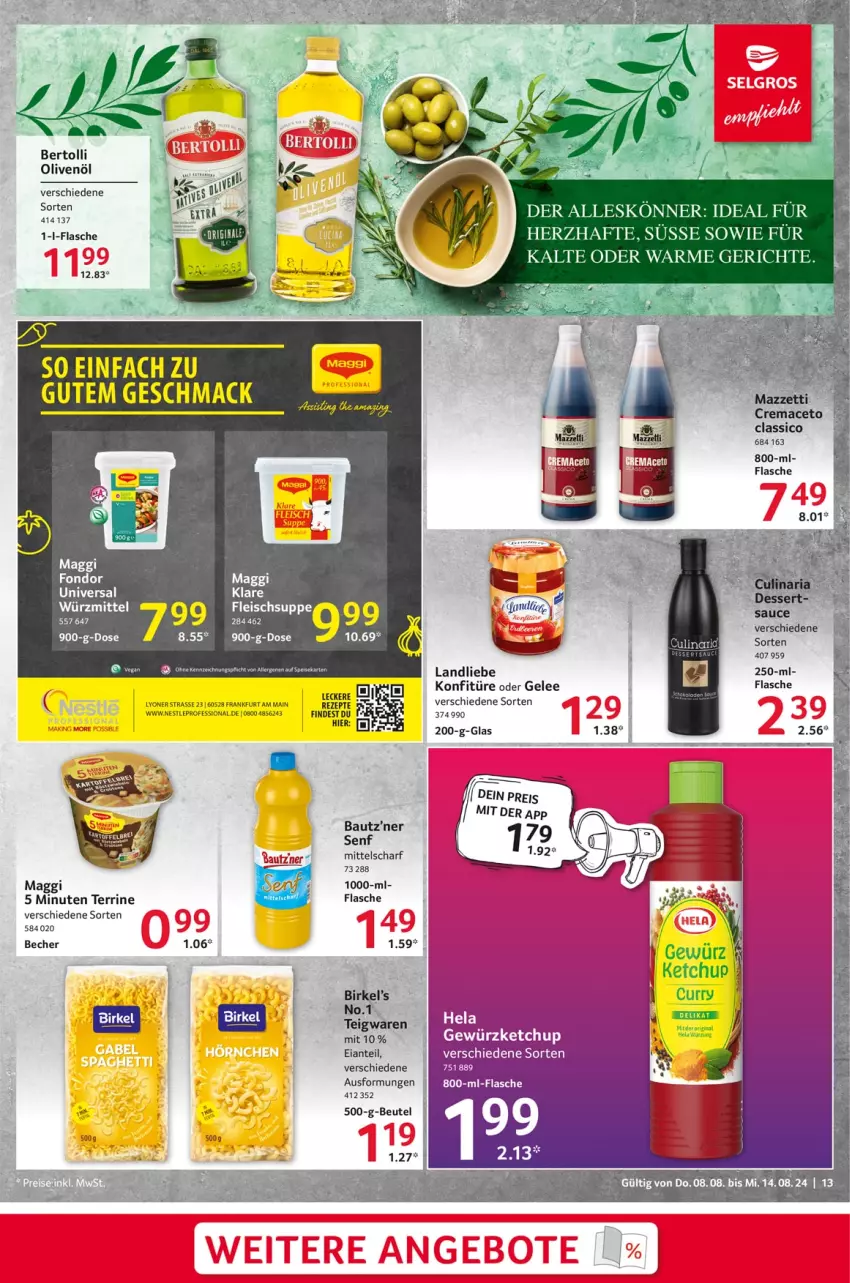 Aktueller Prospekt Selgros - Food - von 08.08 bis 14.08.2024 - strona 13 - produkty: aceto, Bau, Becher, bertolli, beutel, classico, eis, flasche, fleisch, gelee, konfitüre, landliebe, lyoner, mac, maggi, olive, oliven, olivenöl, rezept, rezepte, sauce, senf, suppe, terrine, Yo