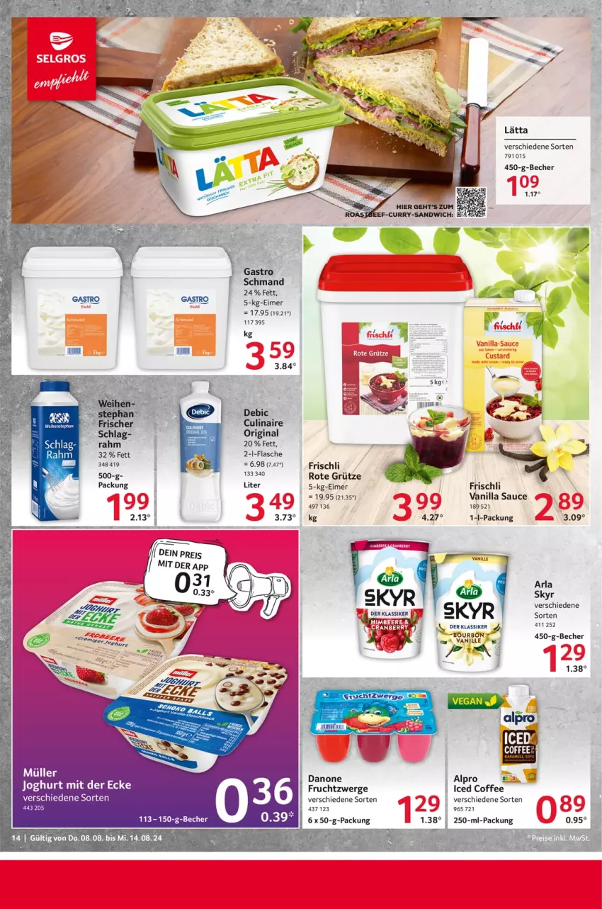 Aktueller Prospekt Selgros - Food - von 08.08 bis 14.08.2024 - strona 14 - produkty: arla, Becher, bourbon, danone, eimer, flasche, frischli, frucht, fruchtzwerge, gin, grütze, lätta, Müller, mumm, Rote Grütze, sauce, Skyr, Ti, vanille