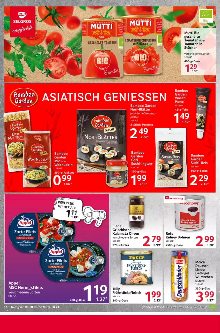 Aktueller Prospekt Selgros - Food - von 08.08 bis 14.08.2024 - strona 16 - produkty: bio, bohne, bohnen, eis, elle, filet, filets, fleisch, frucht, fruchtfleisch, frühstücksfleisch, Geflügel, hering, Herings, heringsfilets, kidney, kidney bohnen, latte, Mutti, olive, oliven, ring, Sushi, Ti, tomate, tomaten, tulip, würstchen