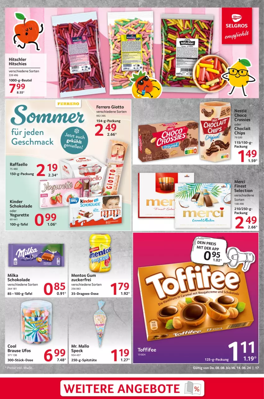 Aktueller Prospekt Selgros - Food - von 08.08 bis 14.08.2024 - strona 17 - produkty: beutel, brause, chips, elle, ferrero, giotto, hitschler, Kinder, mac, mentos, milka, raffaello, schoko, schokolade, Speck, toffifee, Tüte, Yo, yogurette, zucker