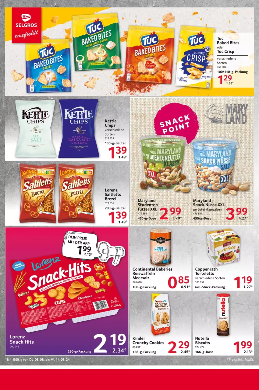 Aktueller Prospekt Selgros - Food - von 08.08 bis 14.08.2024 - strona 18 - produkty: beutel, bites, brezel, chips, cookie, cookies, coppenrath, eis, eiswaffeln, ente, Kinder, lorenz, meersalz, nutella, reis, Reiswaffeln, saltletts, salz, snack, snack hits, Ti, torte, tuc, waffeln, Yo