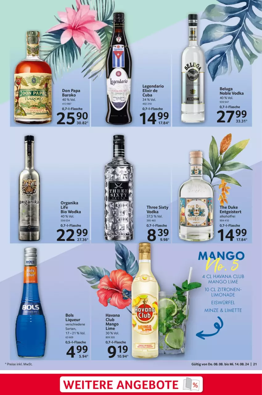 Aktueller Prospekt Selgros - Food - von 08.08 bis 14.08.2024 - strona 21 - produkty: alkohol, angebot, angebote, Beluga, bio, eis, eiswürfel, flasche, Havana Club, limette, limo, limonade, liqueur, mango, Mett, minze, reis, Three Sixty, Ti, vodka, wodka, würfel, zitrone, zitronen