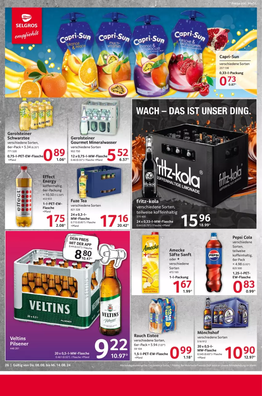 Aktueller Prospekt Selgros - Food - von 08.08 bis 14.08.2024 - strona 26 - produkty: Alwa, amecke, Cap, capri-sun, cola, eis, eistee, flasche, fritz, fritz-kola, gerolsteine, gerolsteiner, mineralwasser, mönchshof, mw-flasche, pepsi, Pepsi Cola, pils, pilsener, Rauch, säfte, steiner, tee, Ti, wasser, ZTE