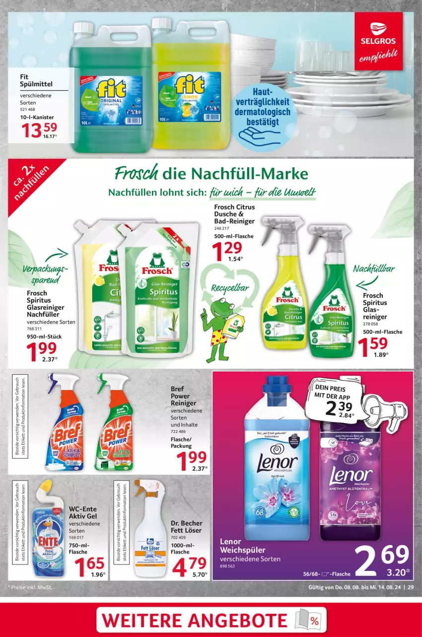 Aktueller Prospekt Selgros - Food - von 08.08 bis 14.08.2024 - strona 29 - produkty: aktiv gel, angebot, angebote, Bad, Bad-Reiniger, Becher, Blüte, Bref, citrus, dusche, ente, flasche, Frosch, Glasreiniger, reiniger, spiritus, spülmittel, Ti, weichspüler