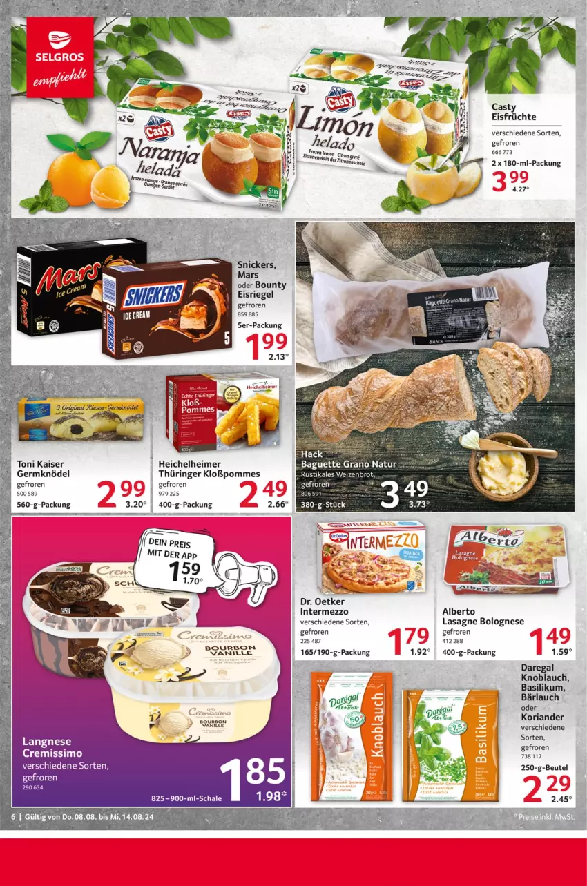 Aktueller Prospekt Selgros - Food - von 08.08 bis 14.08.2024 - strona 6 - produkty: baguette, basilikum, beutel, bolognese, bounty, brot, cremissimo, eimer, eis, Eisriegel, früchte, Germ, intermezzo, Kaiser, knoblauch, Knödel, Koriander, langnese, lasagne, natur, pommes, regal, Ria, riegel, ring, Schal, Schale, sim, Ti, Weizenbrot