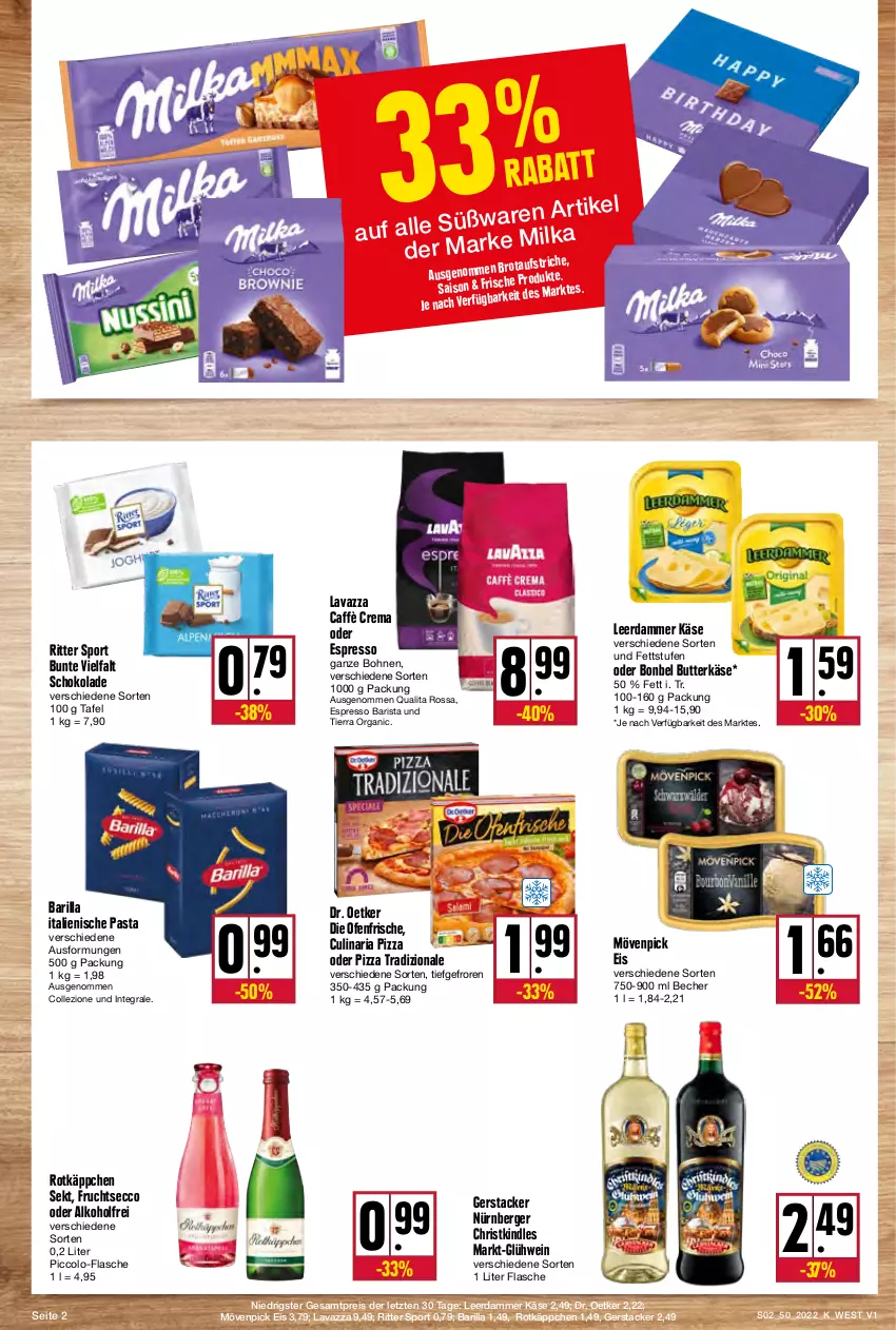 Aktueller Prospekt Kupsch - Angebote der Woche - von 12.12 bis 17.12.2022 - strona 2 - produkty: alkohol, aufstrich, barilla, Becher, Berger, bohne, bohnen, bonbel, butter, butterkäse, caffè crema, culinaria, die ofenfrische, Dr. Oetker, ecco, eis, espresso, flasche, frucht, fruchtsecco, Glühwein, italienische pasta, Käse, Kindle, lavazza, leerdammer, milka, mövenpick, mövenpick eis, nürnberger, oder espresso, Ofen, pasta, pizza, pizza tradizionale, reis, Ria, ritter, ritter sport, rotkäppchen, schoko, schokolade, sekt, Sport, Ti, tradizionale, wein, ZTE