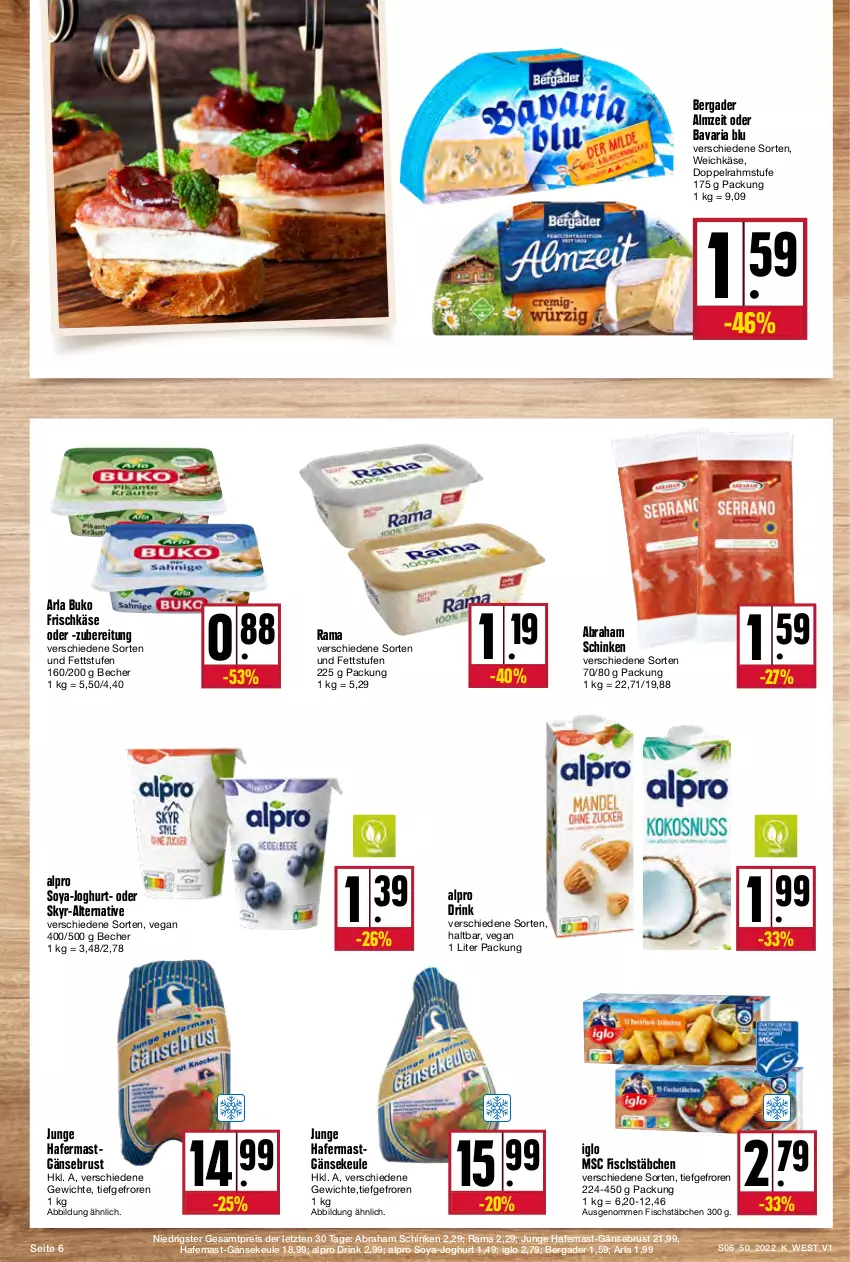 Aktueller Prospekt Kupsch - Angebote der Woche - von 12.12 bis 17.12.2022 - strona 6 - produkty: alpro, arla, arla buko, bavaria blu, Becher, bergader, Buko, doppelrahmstufe, drink, eis, fisch, fischstäbchen, frischkäse, Gänsebrust, hafer, iglo, joghur, joghurt, Käse, rama, reis, Ria, schinken, Skyr, soya, Ti, weichkäse, ZTE