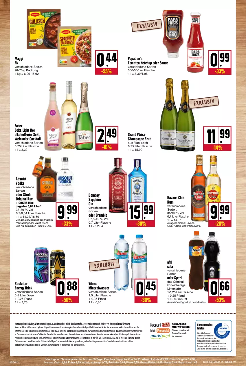 Aktueller Prospekt Kupsch - Angebote der Woche - von 12.12 bis 17.12.2022 - strona 8 - produkty: Absolut Vodka, Afri Cola, alkohol, Alwa, angebot, angebote, Astra, bombay sapphire, brut, champagne, cocktail, cola, deka, drink, eier, eis, energy drink, ente, flasche, gin, Havana Club, Jagertee, ketchup, limo, limonade, maggi, maggi fix, mineralwasser, Rauch, reis, Rockstar, rum, sapphire, sauce, Schwip Schwap, sekt, Spezi, tee, telefon, Ti, tomate, tomaten, tomaten ketchup, vitrex, vodka, wasser, wein, ZTE