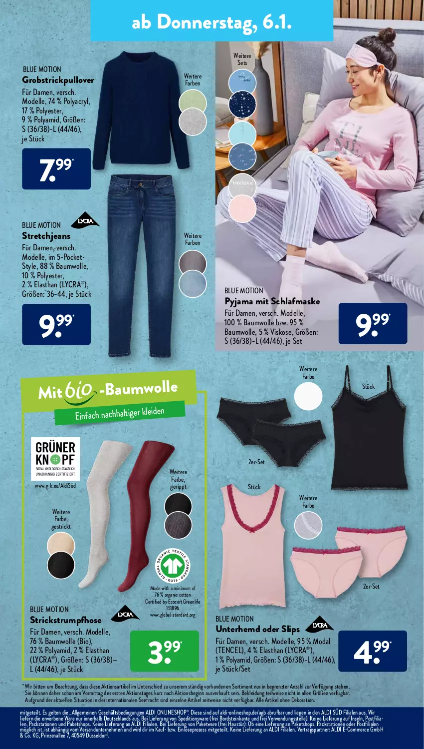 Aktueller Prospekt AldiSud - ALDI Aktuell - von 03.01 bis 08.01.2022 - strona 21 - produkty: aldi, alle artikel ohne dekoration, aust, Bau, baumwolle, bio, dekoration, dell, eis, elle, gin, hemd, hose, jeans, kleid, Kleidung, LG, Liege, Maske, Mode, obst, Pullover, Pyjama, rum, rwe, slip, slips, Stretchjeans, Strickpullover, Strumpfhose, Ti, Unterhemd, wolle, ZTE