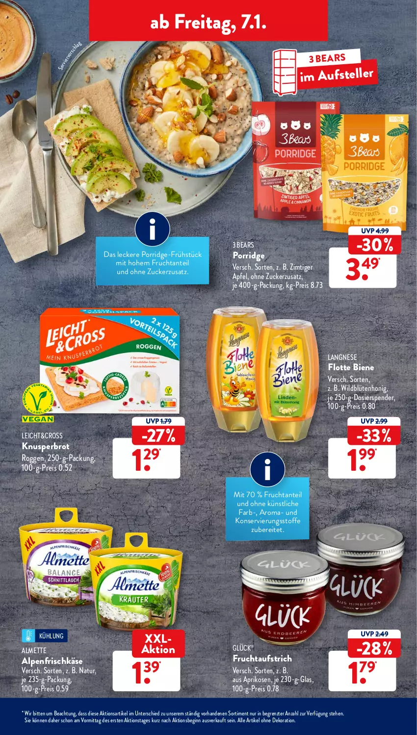 Aktueller Prospekt AldiSud - ALDI Aktuell - von 03.01 bis 08.01.2022 - strona 29 - produkty: alle artikel ohne dekoration, almette, alpenfrischkäse, apfel, aprikose, aprikosen, aufstrich, Blüte, blütenhonig, brot, dekoration, eis, elle, frischkäse, frucht, fruchtaufstrich, gin, honig, Käse, langnese, Mett, natur, porridge, reis, teller, Ti, Wild, ZTE, zucker