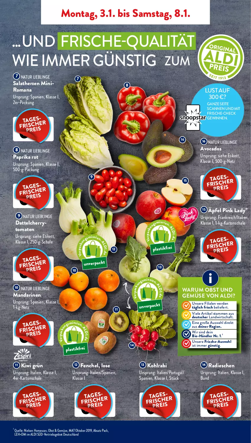 Aktueller Prospekt AldiSud - ALDI Aktuell - von 03.01 bis 08.01.2022 - strona 3 - produkty: aldi, asti, avocado, avocados, bio, cherrytomaten, elle, erde, fenchel, kiwi, kohlrabi, mandarine, mandarinen, natur, obst, Obst und Gemüse, paprika, paprika rot, Pink Lady, radieschen, rum, salat, salatherzen, Schal, Schale, Ti, tomate, tomaten, und gemüse