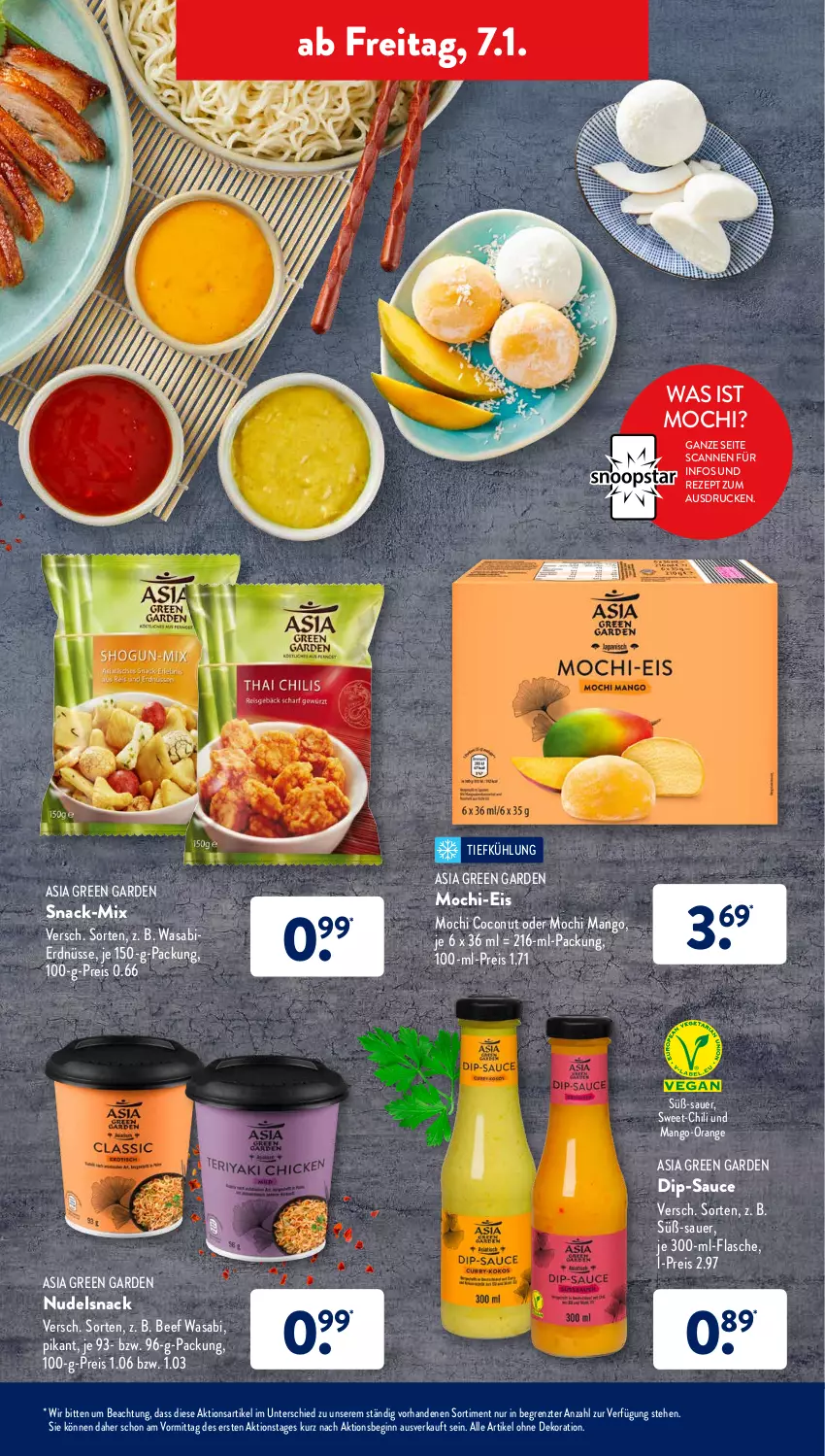 Aktueller Prospekt AldiSud - ALDI Aktuell - von 03.01 bis 08.01.2022 - strona 37 - produkty: alle artikel ohne dekoration, Asia Green Garden, auer, beef, bier, chili, coconut, dekoration, dip, eis, erdnüsse, flasche, gin, mango, Mochi, nudel, orange, reis, rezept, sauce, snack, Ti, wasa, ZTE