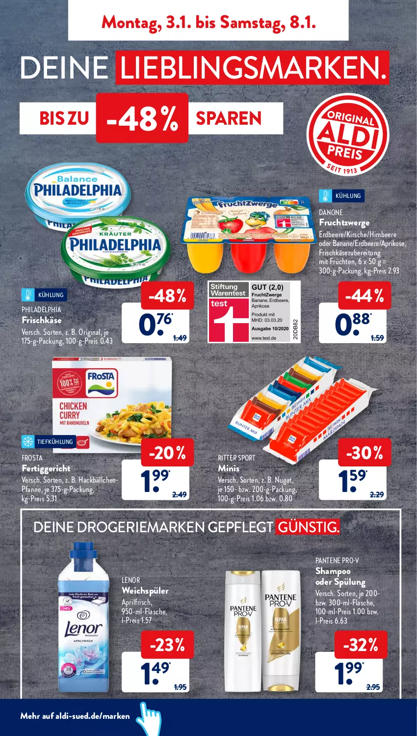 Aktueller Prospekt AldiSud - ALDI Aktuell - von 03.01 bis 08.01.2022 - strona 5 - produkty: aldi, aprikose, banane, beere, danone, danone fruchtzwerge, eis, erdbeere, fertiggericht, flasche, frischkäse, frischkäsezubereitung, frosta, frucht, früchte, früchten, fruchtzwerge, gin, himbeer, himbeere, Käse, kirsch, kirsche, lenor, lenor weichspüler, pantene, pantene pro-v, pfanne, philadelphia, pril, pro-v, reis, ritter, ritter sport, shampoo, shampoo oder spülung, Sport, spülung, Ti, weichspüler