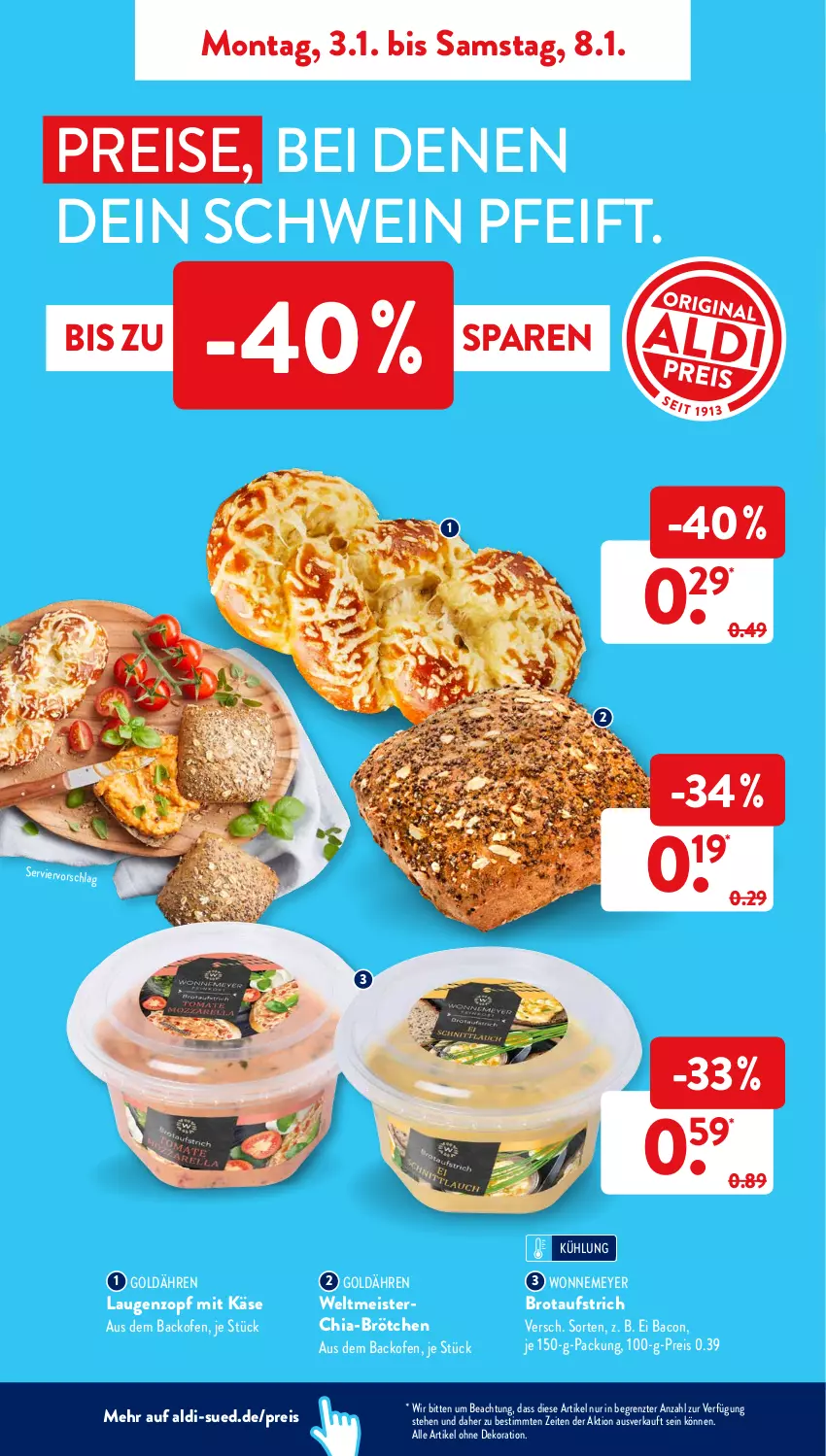 Aktueller Prospekt AldiSud - ALDI Aktuell - von 03.01 bis 08.01.2022 - strona 8 - produkty: aldi, alle artikel ohne dekoration, aufstrich, backofen, bacon, brot, brotaufstrich, brötchen, chia, dekoration, eis, Käse, Meister, Ofen, reis, schwein, Ti, wein, ZTE