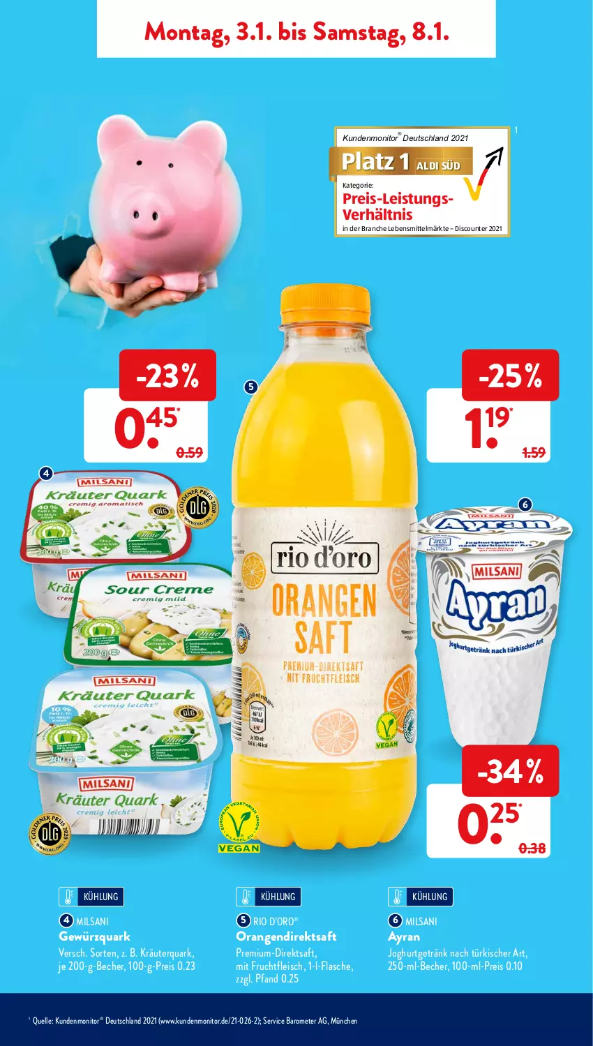 Aktueller Prospekt AldiSud - ALDI Aktuell - von 03.01 bis 08.01.2022 - strona 9 - produkty: aldi, Ayran, Becher, direktsaft, discount, eis, elle, flasche, fleisch, frucht, fruchtfleisch, getränk, gewürz, gewürzquark, joghur, joghurt, kräuter, lebensmittel, mit frucht, monitor, orange, orangen, quark, reis, saft